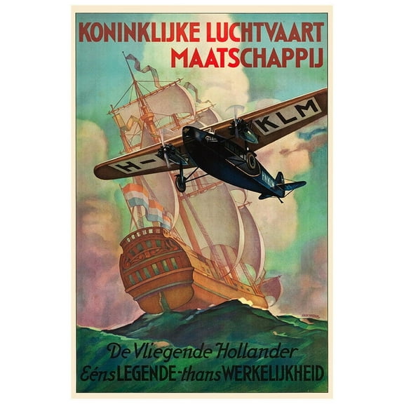 KLM - Dutch Airline - Flying Dutchman - 1928 - Vintage Airline Travel Poster (11x17Inches)