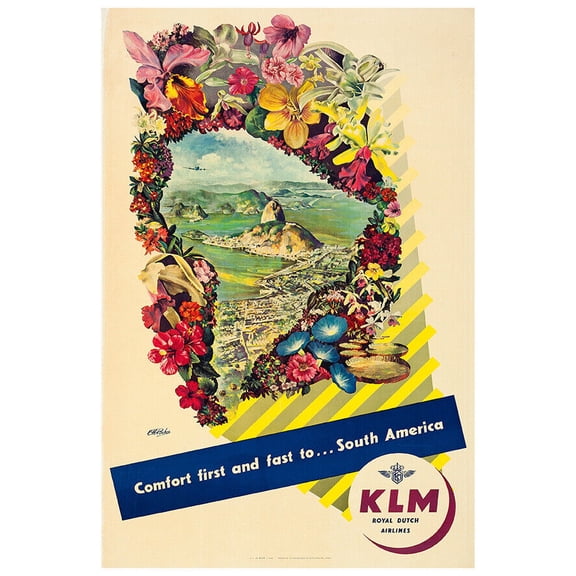 KLM - Royal Dutch Airlines - South America - 1950s - Vintage Travel Poster (12x18Inches)