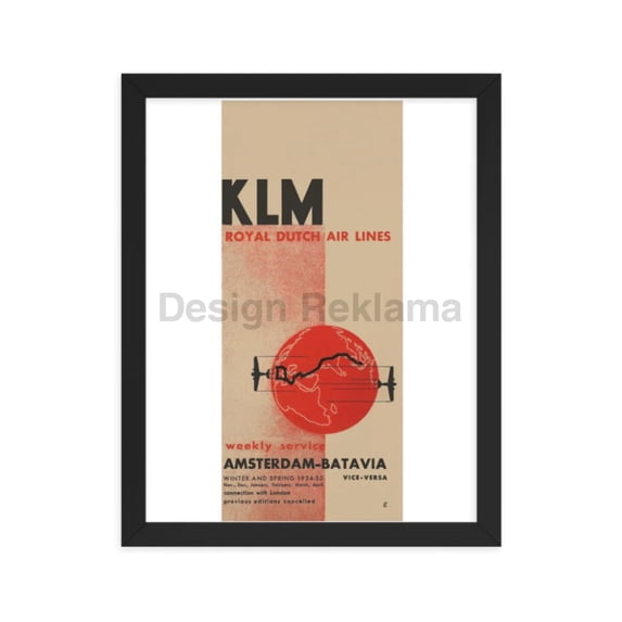 KLM Royal Dutch Airlines Weekly Service Amsterdam Batavia, 1934. Framed Vintage Travel Poster