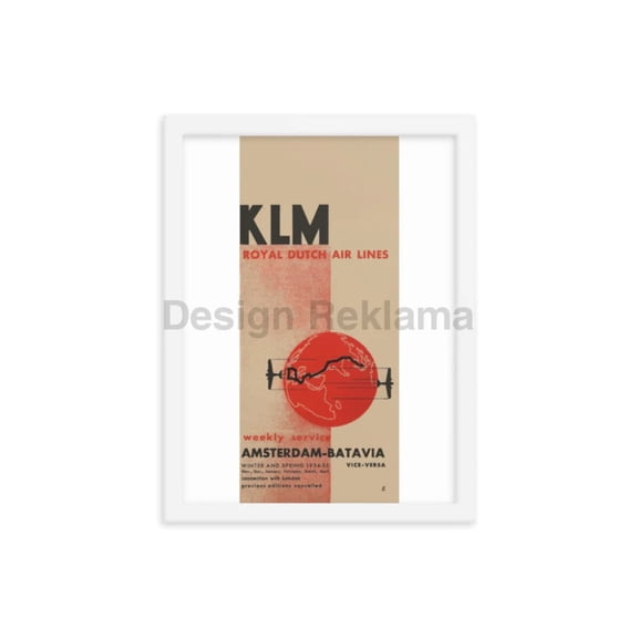 KLM Royal Dutch Airlines Weekly Service Amsterdam Batavia, 1934. Framed Vintage Travel Poster