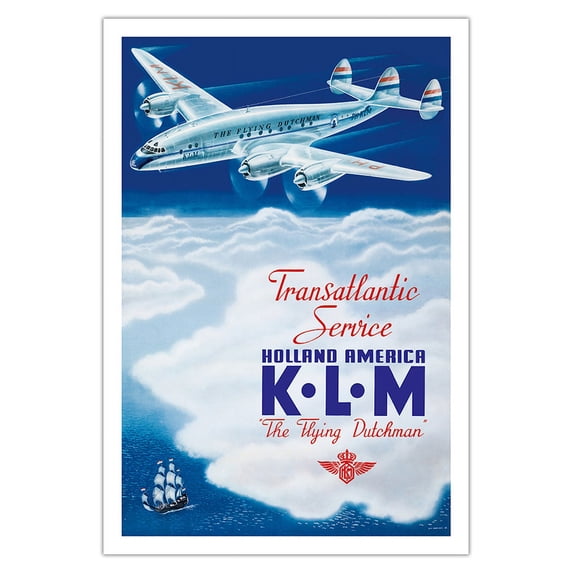 KLM Transatlantic Service - Holland America - KLM Royal Dutch Airlines - Vintage Airline Travel Poster by Paulus C. Erkelens c.1946 - Fine Art Matte Paper Print (Unframed) 30x44in