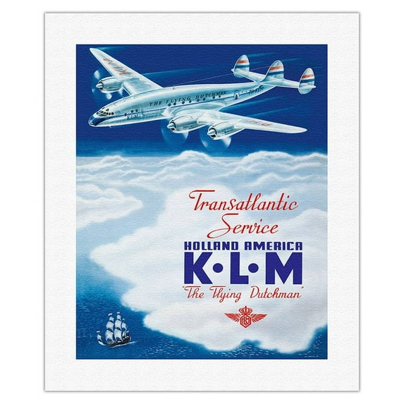 KLM Transatlantic Service - Holland America - KLM Royal Dutch Airlines - Vintage Airline Travel Poster by Paulus C. Erkelens c.1946 - Fine Art Rolled Canvas Print 16in x 20in