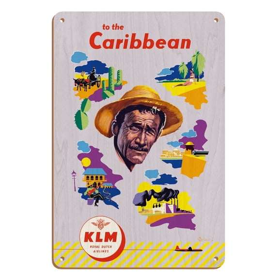 KLM to the Caribbean - KLM Royal Dutch Airlines - Vintage Airline Travel Poster by Leendert Spierenburg c.1954 - 8 x 12 inch Vintage Wood Art Sign