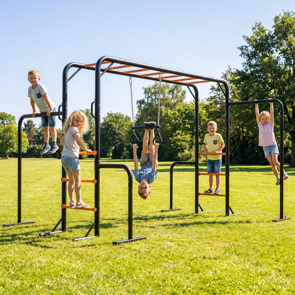 KLOKICK Upgraded 3-in-1 Jungle Gym, 48mm Reinforced Steel Frame, Dual Height Horizontal Bar, Monkey Swing & Rings, 440LBS Heavy Duty Outdoor Backyard Playground for Kids Toddlers Teens