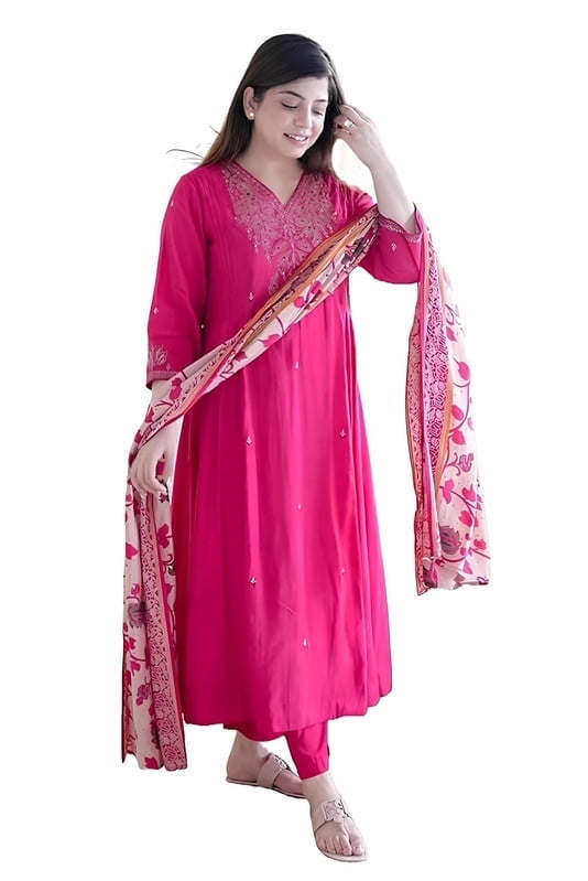 KLOSIA Damen Bedrucktes Kurta Und Hose Set Mit Dupatta - Anarkali Stil In Kastanienbraun