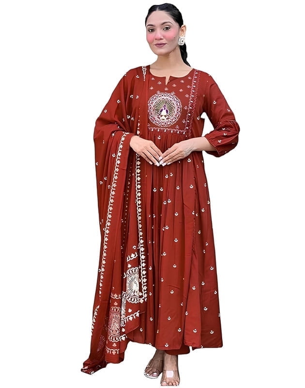 Women's Orange Solid Anarkali Kurta with Dupatta