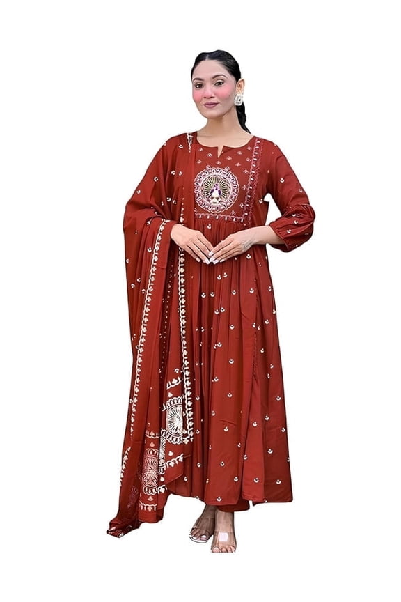 Women Embroidery Solid Anarkali Kurta and Pant Set with Dupatta - Indian Ethnic Traditional Wear Anarkali Kurta Set