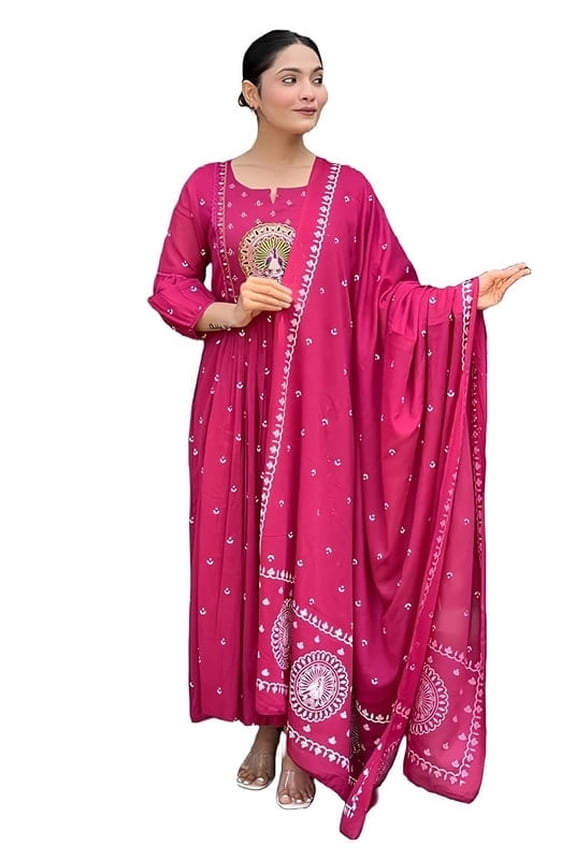 Women Embroidery Solid Anarkali Kurta and Pant Set with Dupatta - Indian Ethnic Traditional Wear Anarkali Kurta Set