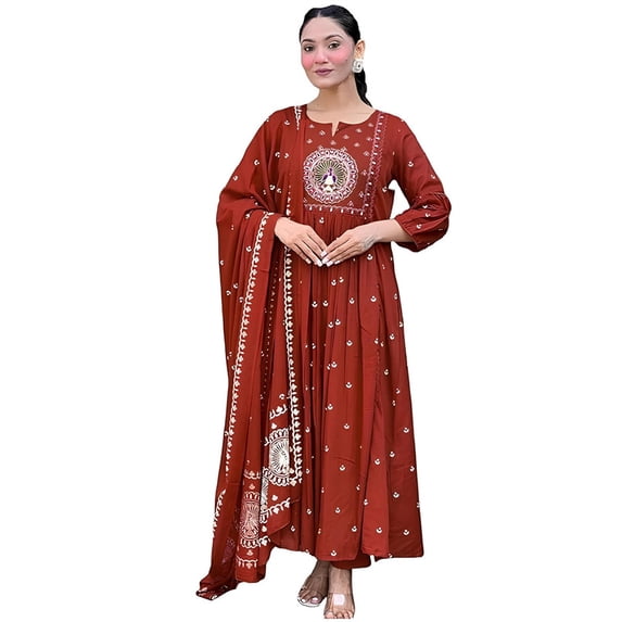 KLOSIA Women Embroidery Solid Anarkali Kurta and Pant Set with Dupatta - Indian Ethnic Traditional Wear Anarkali Kurta Set