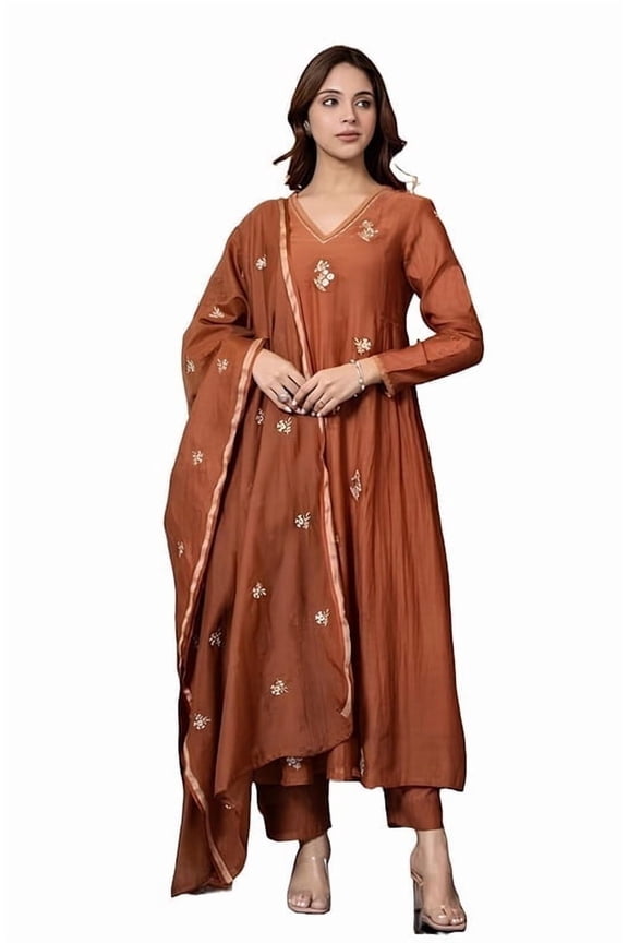 Women Embroidery Solid Anarkali Kurta and Pant Set with Dupatta - Indian Pakistani Ethnic Traditional Wear Anarkali Kurta Set