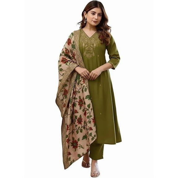 KLOSIA Women Embroidery Straight Kurta and Pant Set with Dupataa - Indian Ethnic Traditional Wear Kurta Set