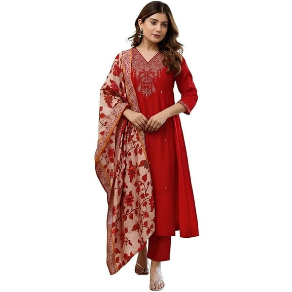 KLOSIA Women Embroidery Straight Kurta and Pant Set with Dupataa - Indian Ethnic Traditional Wear Kurta Set