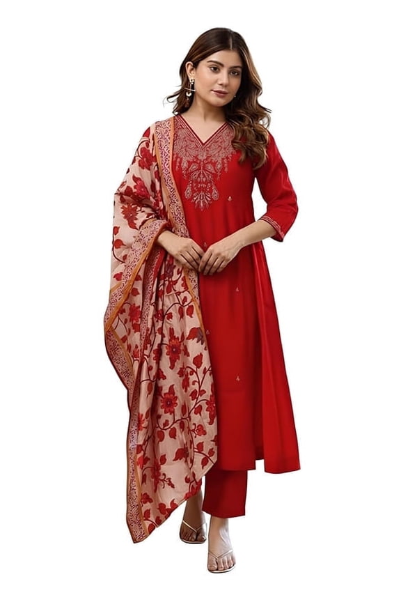 Women Embroidery Straight Kurta and Pant Set with Dupataa - Indian Ethnic Traditional Wear Kurta Set