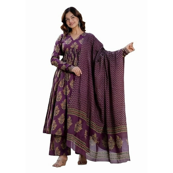 KLOSIA Women Printed Anarkali Kurta and Pant Set with Dupatta - Indian Ethnic Traditional Wear Anarkali Kurta Set