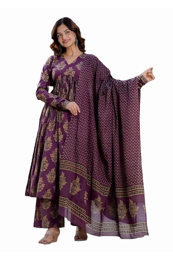 Women Printed Anarkali Kurta and Pant Set with Dupatta - Indian Ethnic Traditional Wear Anarkali Kurta Set