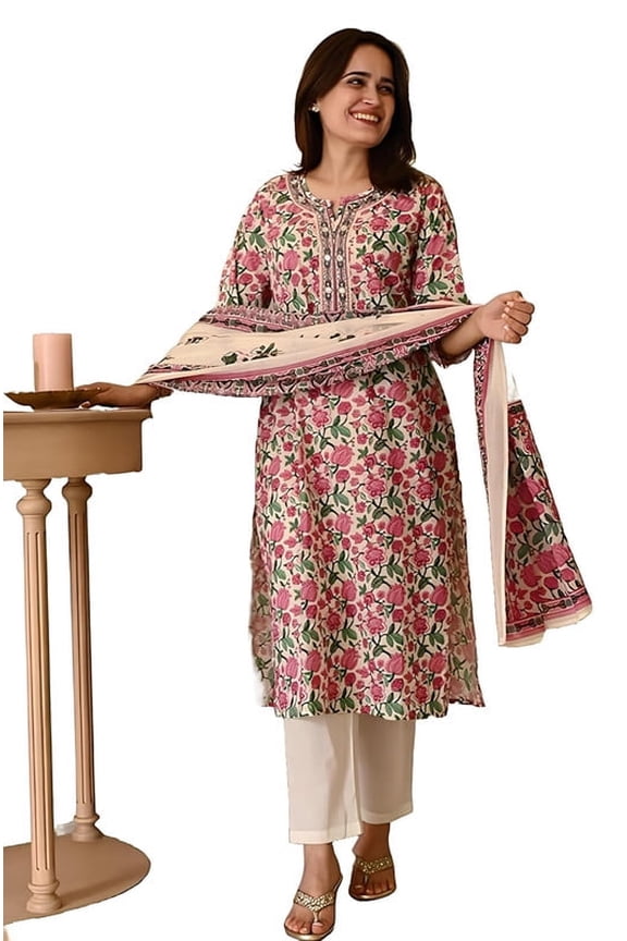 Women Printed Straight Kurta and Pant Set with Dupatta - Indian Ethnic Traditional Wear Kurta Set