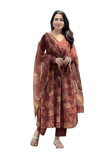 Indian Women's Rayon Viscose Anarkali Kurta Set – Printed Kurta With Pant And Dupatta, Wine Color, Calf Length
