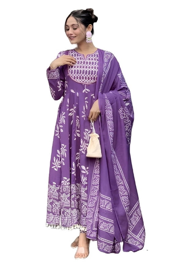 Women Viscose Printed Anarkali Kurta Pant Dupatta Set - Indian Ethnic Traditional Wear Anarkali Kurta Set