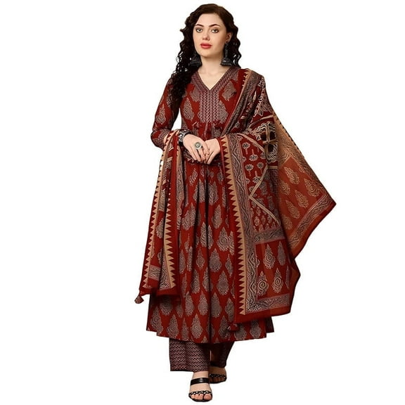 KLOSIA Women Viscose Printed Kurta Pant Dupatta Set - Indian Ethnic Traditional Wear Anarkali Kurta Set