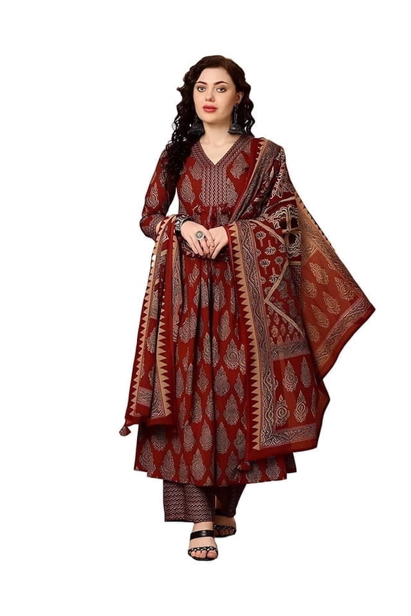 Women Viscose Printed Kurta Pant Dupatta Set - Indian Ethnic Traditional Wear Anarkali Kurta Set