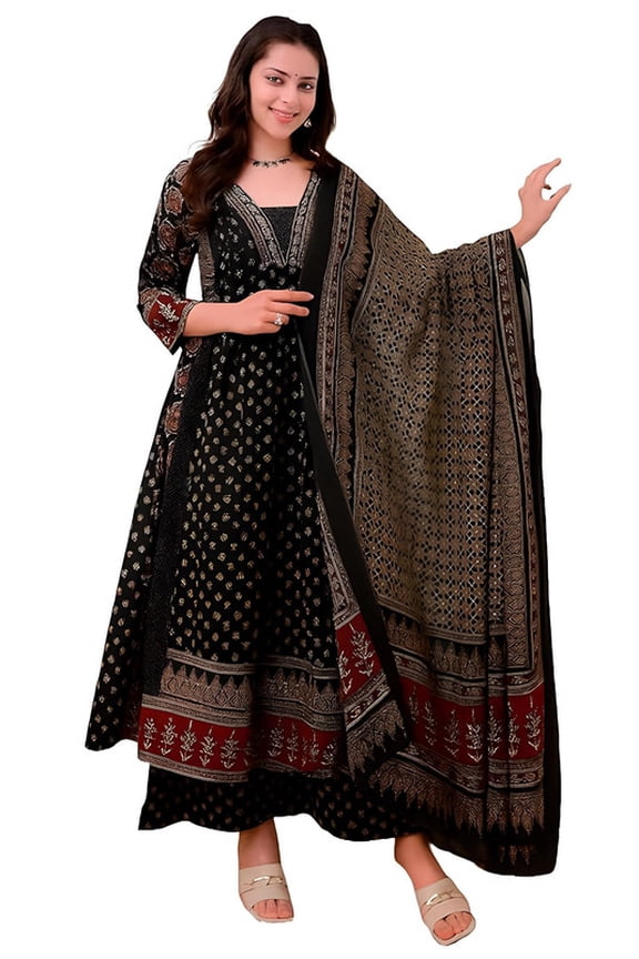 Women's Rayon Printed Anarkali Kurta and Pant with Dupatta Set