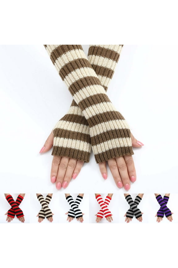 Fingerless Gloves for Women Workout Women's Long Fingerless Gloves - Knit Striped Arm Warmers with Thumb Hole, Stretchy Design,Black,One Size