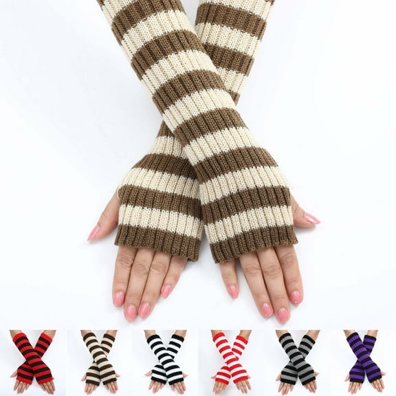 KLOY2K Fingerless Gloves for Women Workout Women's Long Fingerless Gloves - Knit Striped Arm Warmers with Thumb Hole, Stretchy Design,Grey,One Size