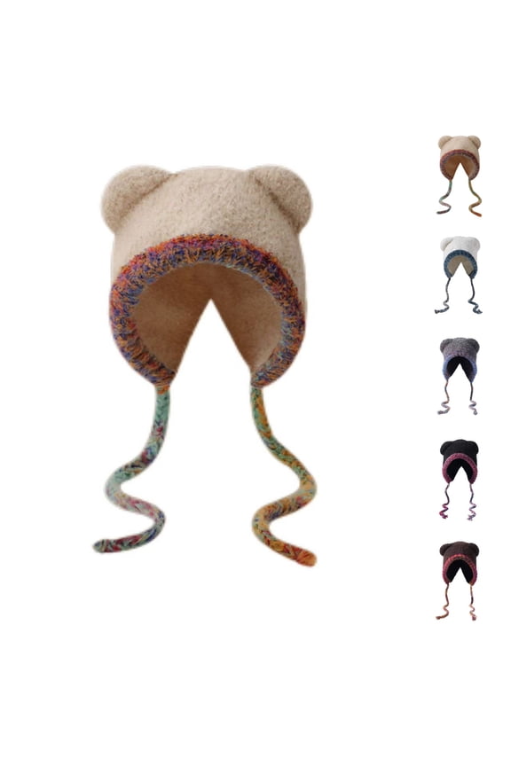 Kids Animal Ear Knit Hat, Double Layer Warm Winter Beanie with Bear Ears, Cute Toddler Hat Beige Universal Fit