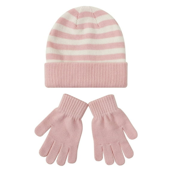 KLOY2K Kids Winter Hat & Glove Set, Windproof Knitted Beanie with Stripes, Warm 2-Piece Set for Ages 4-8 Boys Girls,Hot Pink,One Size