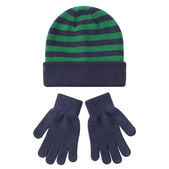 KLOY2K Kids Winter Hat & Glove Set, Windproof Knitted Beanie with Stripes, Warm 2-Piece Set for Ages 4-8 Boys Girls,Navy 2,One Size