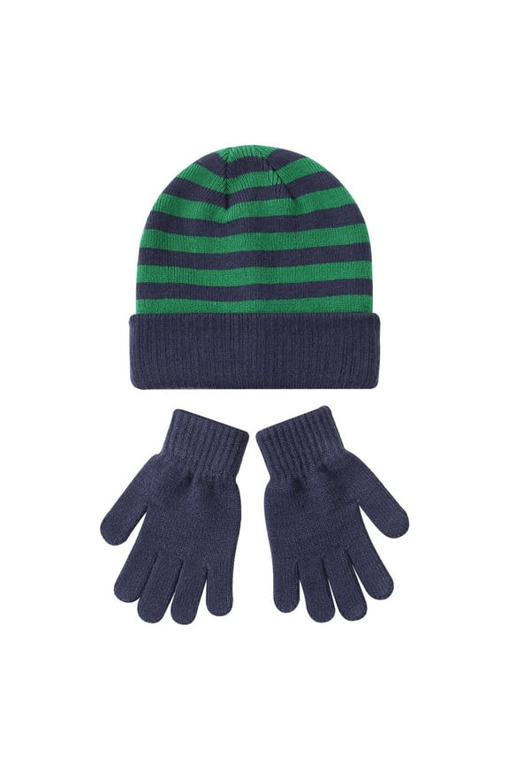 Kids Winter Hat & Glove Set, Windproof Knitted Beanie with Stripes, Warm 2-Piece Set for Ages 4-8 Boys Girls,Navy 2,One Size