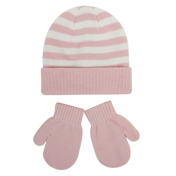 KLOY2K Kids Winter Hat & Glove Set, Windproof Knitted Beanie with Stripes, Warm 2-Piece Set for Ages 4-8 Boys Girls,Pink,One Size