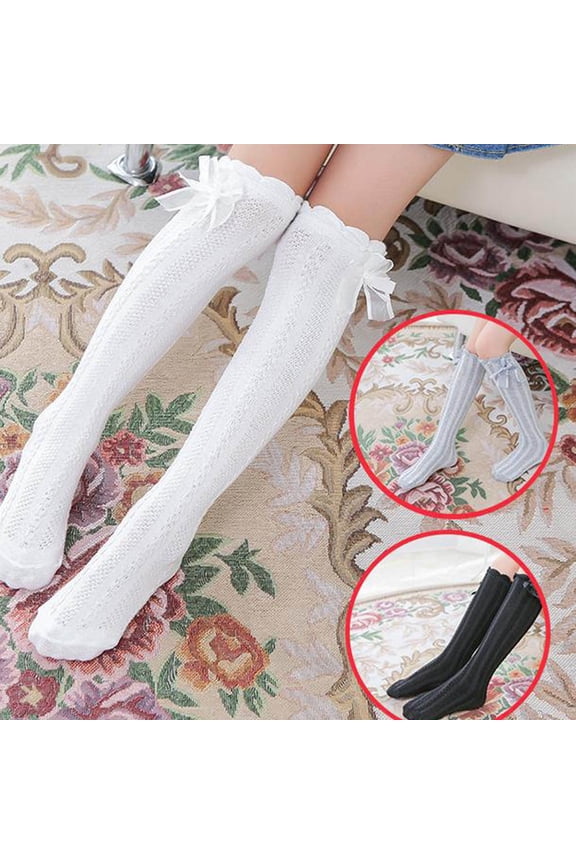 Long Socks for Girls, Knee High Socks Over Calf Kids Overknee Stockings Bow Style White