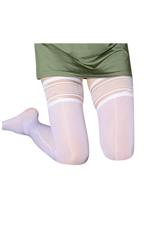 Plus Size Glossy Tights, Lace Trim Thigh-High (8D Sheer) for Evening Events & Costumes Thigh High Stockings,White (white lace) One Size