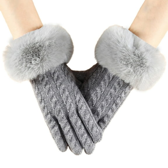 KLOY2K Top-Rated Women's Winter Knitted Gloves, Small Style with Large Furry Cuffs, Cold Proof for Outdoor Cycling and Touchscreen Use,Grey,One Size