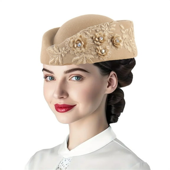 KLOY2K Trending Women Church Hats with Flower Applique, Pillbox Hats Fascinator Tea Caps for Elegant Occasions,Khaki,M