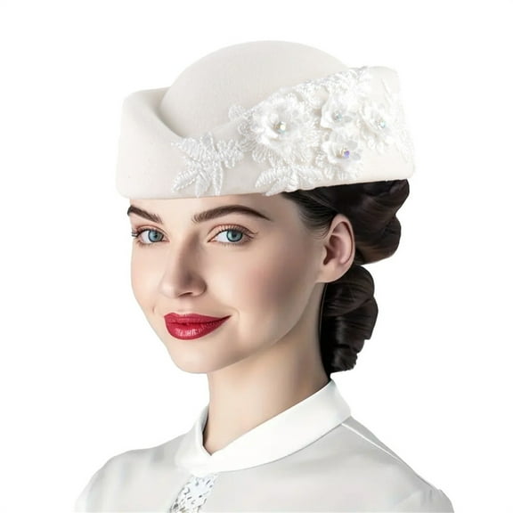 KLOY2K Trending Women Church Hats with Flower Applique, Pillbox Hats Fascinator Tea Caps for Elegant Occasions,White,M