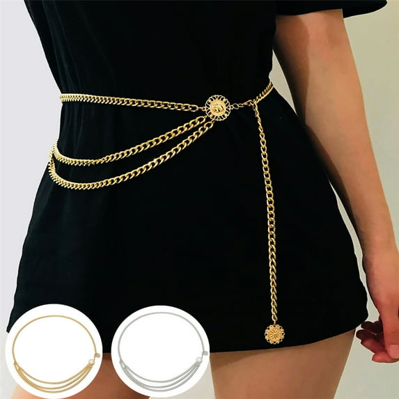 KLOY2K Vintage Women's Metal Waist Chain Belt - Wide Style with Gold Coins & Tassels, Retro Decorative Waistband, Perfect for Matching Dresses, Jeans, Skirts & Party Outfits,Gold,One Size