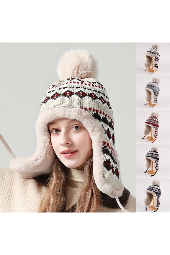 Women's Bobble Knit Beanie, Double Layer Fleece Lined Winter Hat, Slouchy Cuffed Style Navy Universal Fit