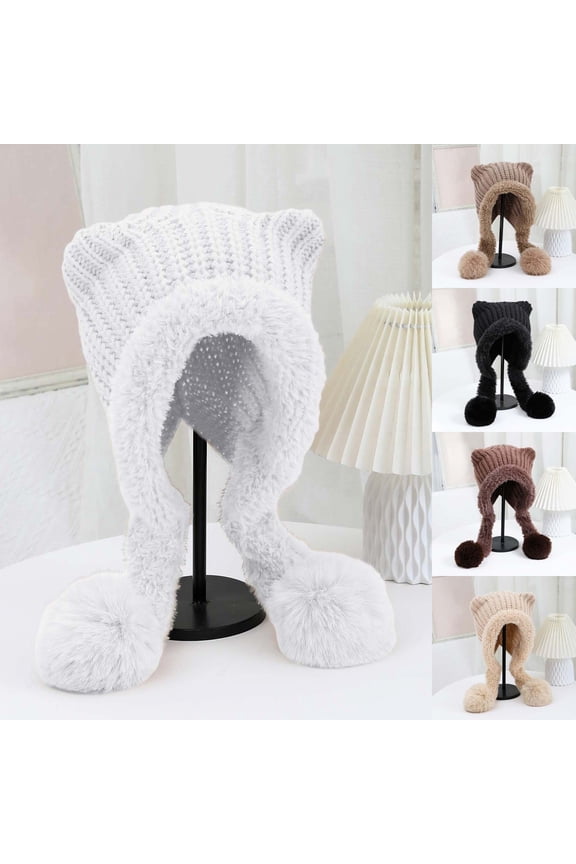 Women's Cat Ear Double Pom Pom Beanie, Windproof Wool Knit Hat with Adorable Animal Ear Design and Extra Warmth for Winter,Coffee,One Size