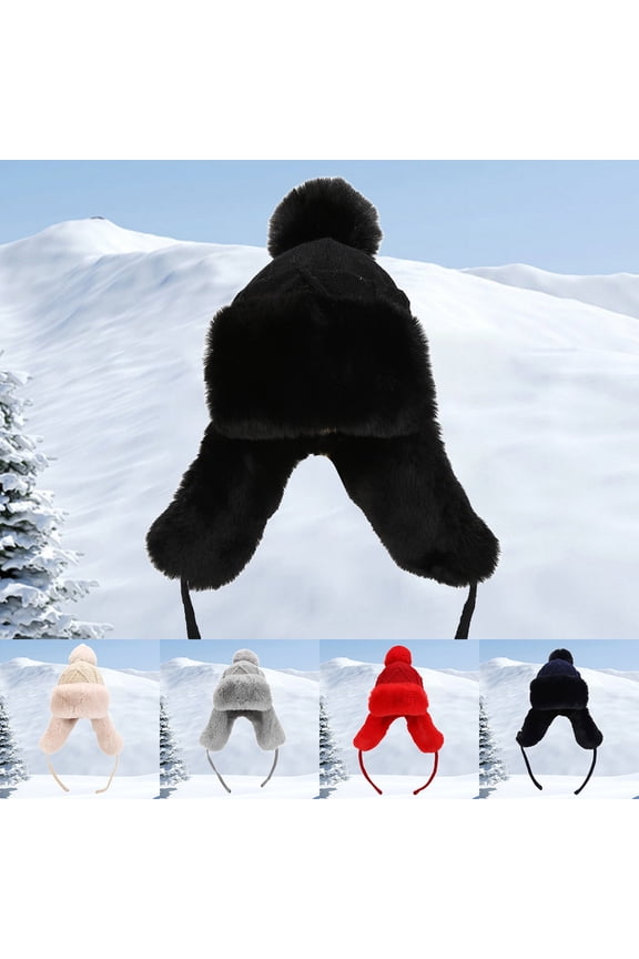 Women's Faux Fur Trapper Style Beanie, Cozy Ski Hat with Fuzzy Ear Flaps and Enhanced Insulation for Snowy Outdoor Adventures,Black,One Size