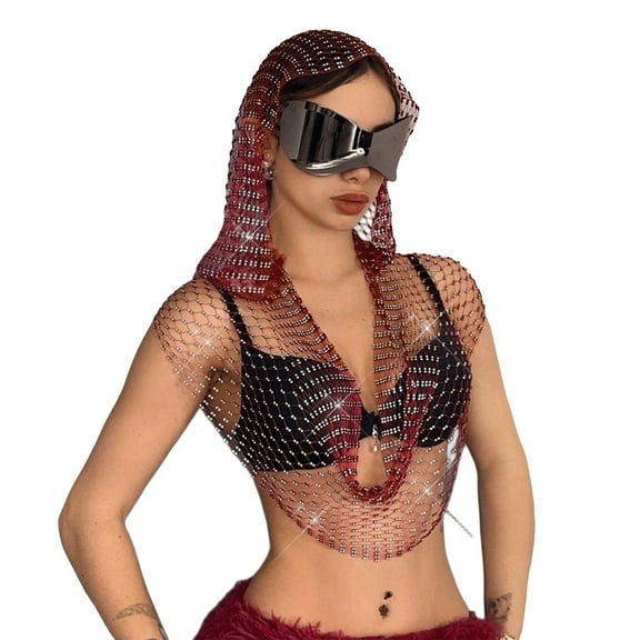 KLOY2K Women's Mesh Hooded Crop Top - Crystal Embellished Clubwear with Detachable Cape-Mesh Tops for Women,Red,S
