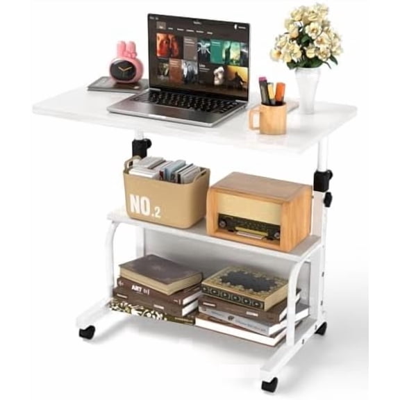 KLSMYHOKI Storage Portable Adjustable Height Desk, 32 Inch White Rolling Computer Desk for Home Office Small Study Spaces