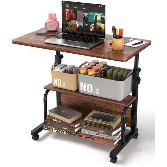 KLSMYHOKI Portable Rolling Desk on Wheels Adjustable Height Desks for Small Spaces, 32" Computer Desk Drafting Tables with Storage Shelves for Home Office ,Rustic
