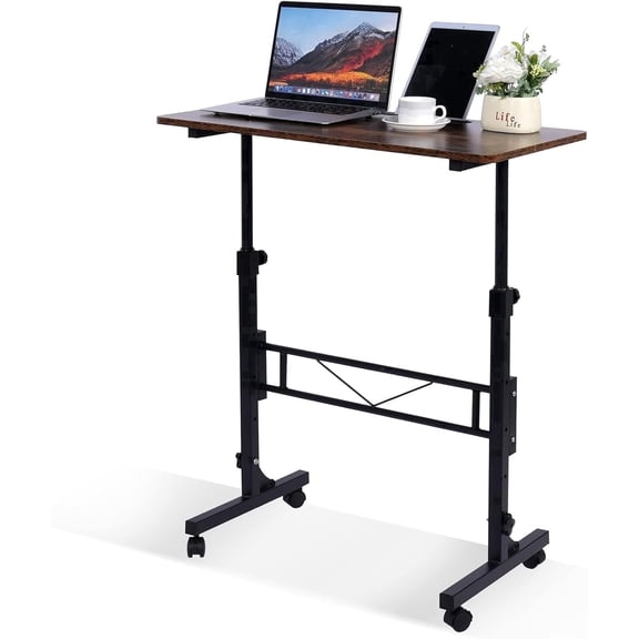 KLSMYHOKI Standing Desk Adjustable Height, Mobile Stand Up Desk with Wheels Small Computer Desk Rolling Desk, Portable Laptop Desk Rustic Standing Table Home Office Desks 16"x31.5" Height 27"-43.5"