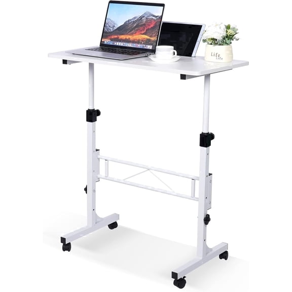 KLSMYHOKI Standing Desk, Adjustable Height 31.5" x 16" White Mobile Table with Wheels, Height Range 27"-43.5" for Home Office