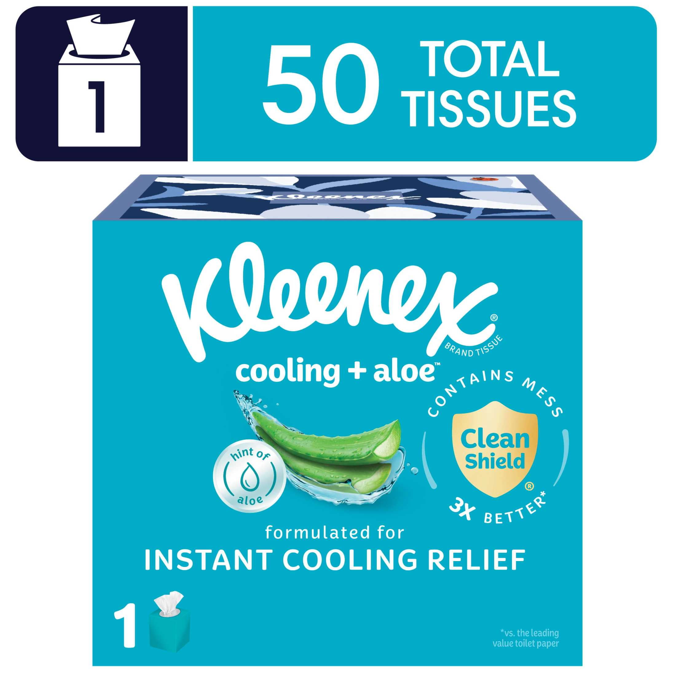 Kleenex Cooling + Aloe Facial Tissues, 1 Cube Box, 50 Tissues Per Box, 2-Ply