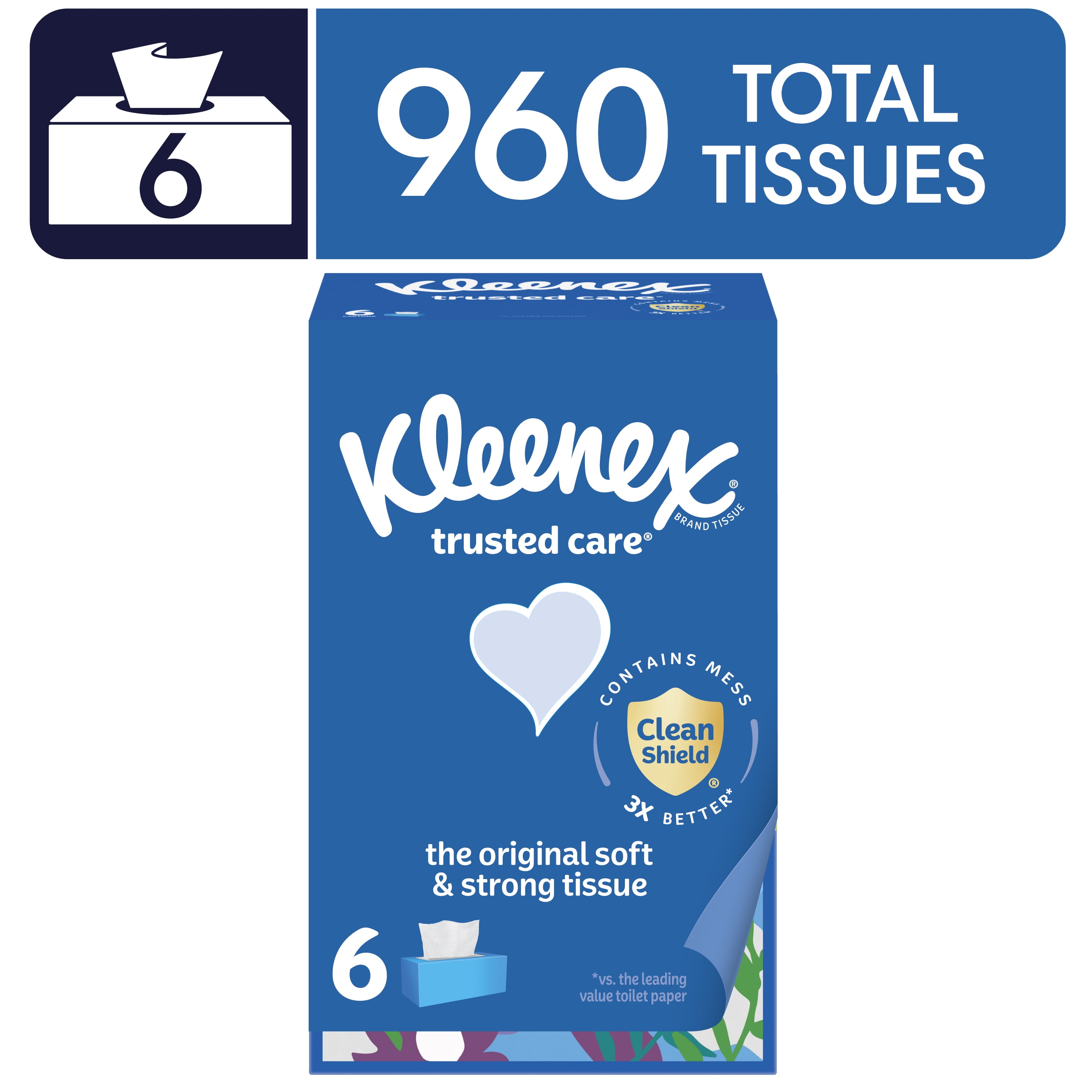 Kleenex Trusted Care Facial Tissues, 6 Flat Boxes, 160 Tissues per Box, 2-Ply