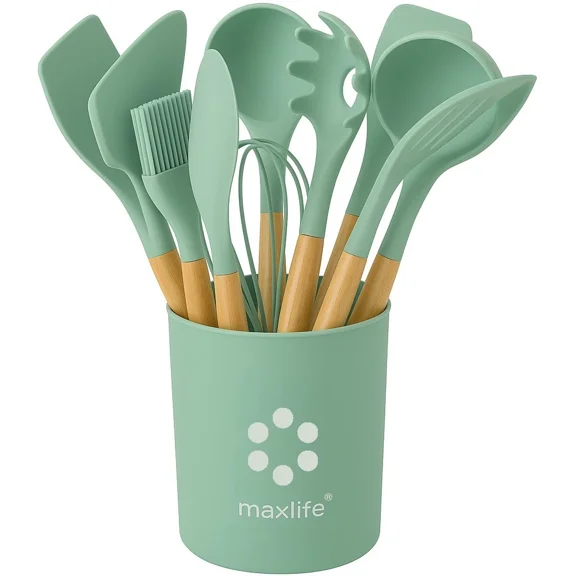 KLYNE - 12Pcs Kitchen Utensil Set-Silicon Cooking Utensil Set With Wooden Handle, Holder