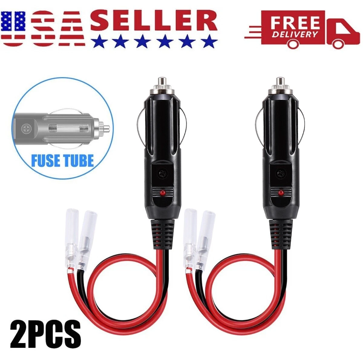 KLYNE- 2Pack 12V Car Fused Cigarette Lighter Male Power Plug Adapter W/ Leads Led Light